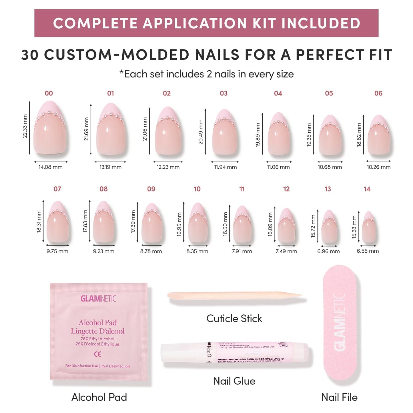 Glamnetic Press On Nails - All Time Love Spring Nails | Glossy, Semi-Transparent, Short Almond French Tip Fake Nails with Leaf Accents, Salon Quality | 15 Sizes - 30 Nail Kit with Glue