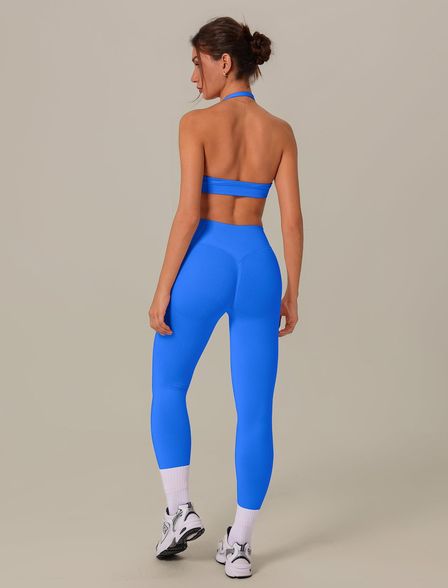 3 Piece Workout Sets for Women Seamless Halter Sports Bra High Waist Leggings Long Sleeve Shrug Gym Yoga Outfits
