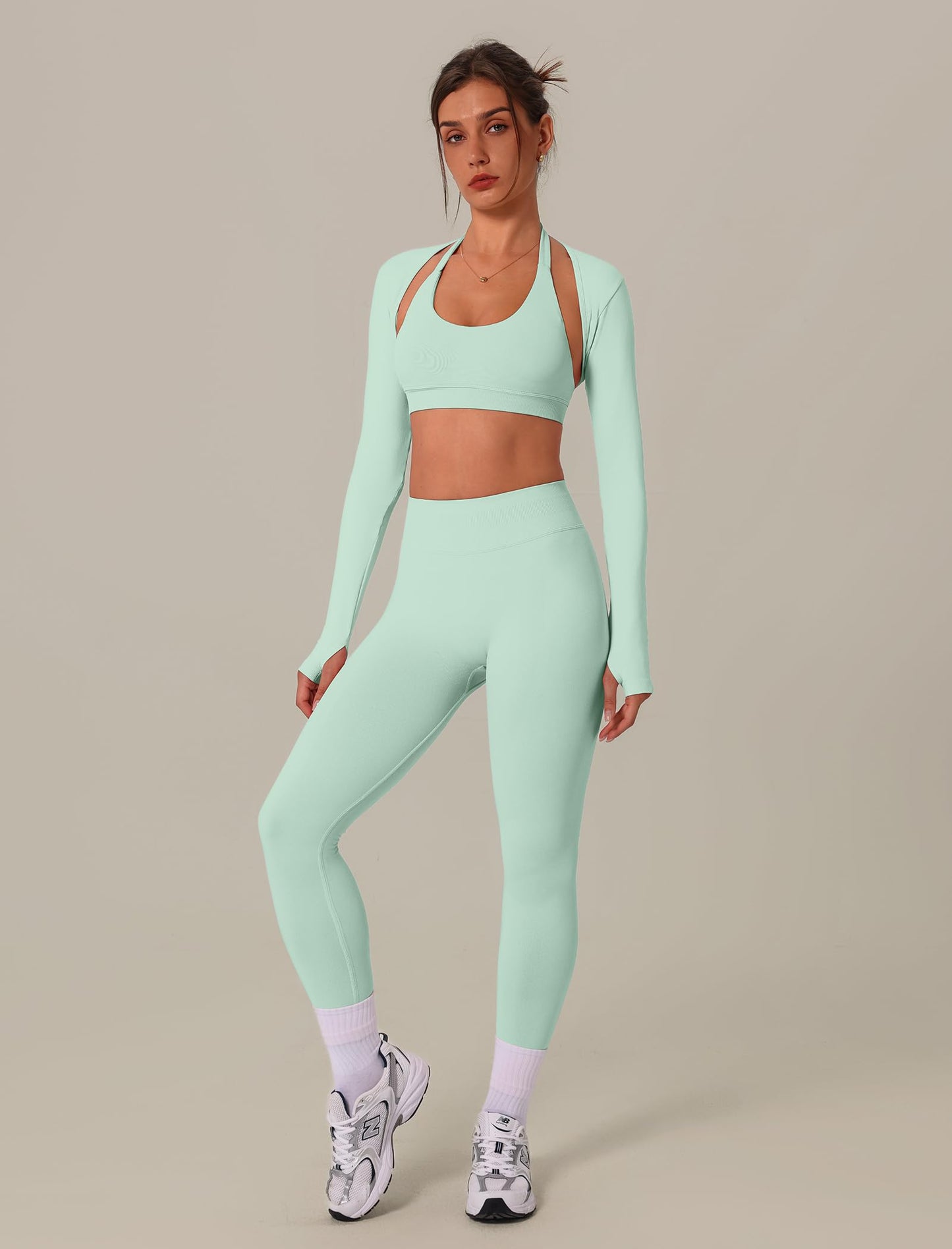 3 Piece Workout Sets for Women Seamless Halter Sports Bra High Waist Leggings Long Sleeve Shrug Gym Yoga Outfits