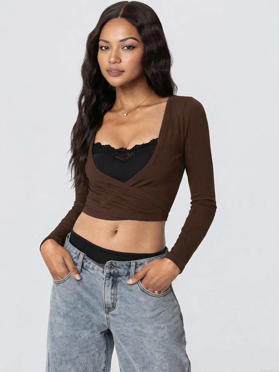 Danysu Ballet Wrap Tops Long Sleeve Cross Tie Crop Shirts Deep V-Neck Dance Clothes Fall Cardigans