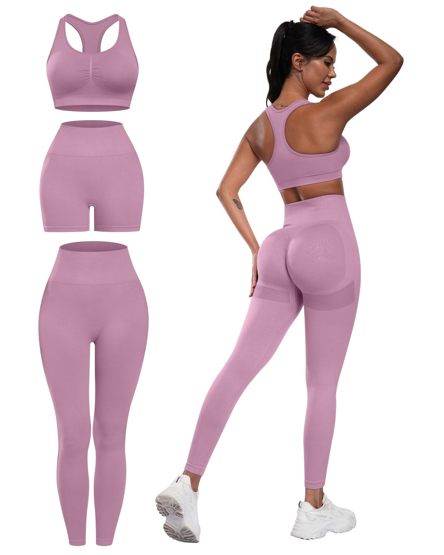 3 Piece Workout Sets for Women Butt Lifting Leggings with High Impact Sports Bra Gym Shorts