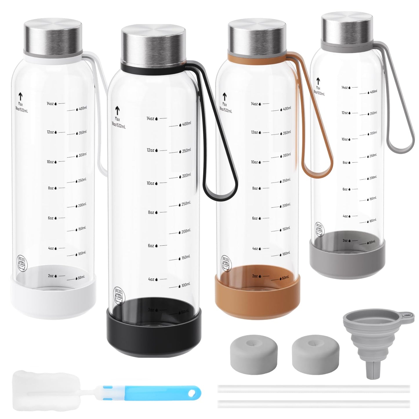Sursip [10 Pack] 18 oz Glass Water Bottles with Lids, Juice Bottles, Clear glass juice bottle for juicing, Eco-Friendly Reusable Glass Juicing Bottles with Stainless Steel Lid, BPA Free,Leak-Proof