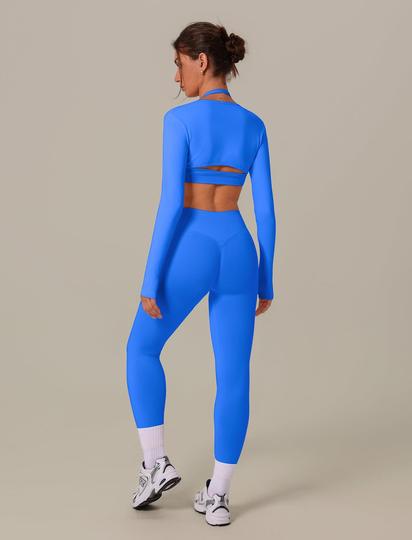 3 Piece Workout Sets for Women Seamless Halter Sports Bra High Waist Leggings Long Sleeve Shrug Gym Yoga Outfits