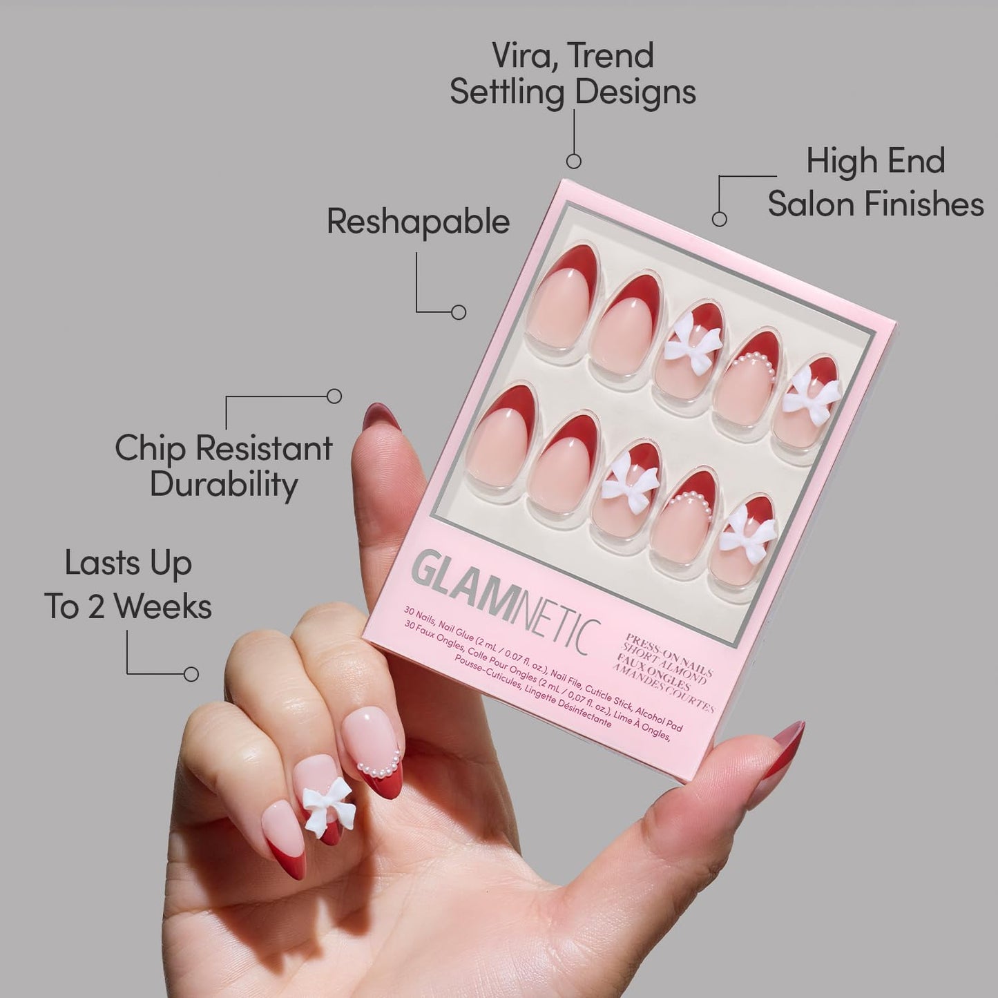 Glamnetic Press On Nails - All Time Love Spring Nails | Glossy, Semi-Transparent, Short Almond French Tip Fake Nails with Leaf Accents, Salon Quality | 15 Sizes - 30 Nail Kit with Glue