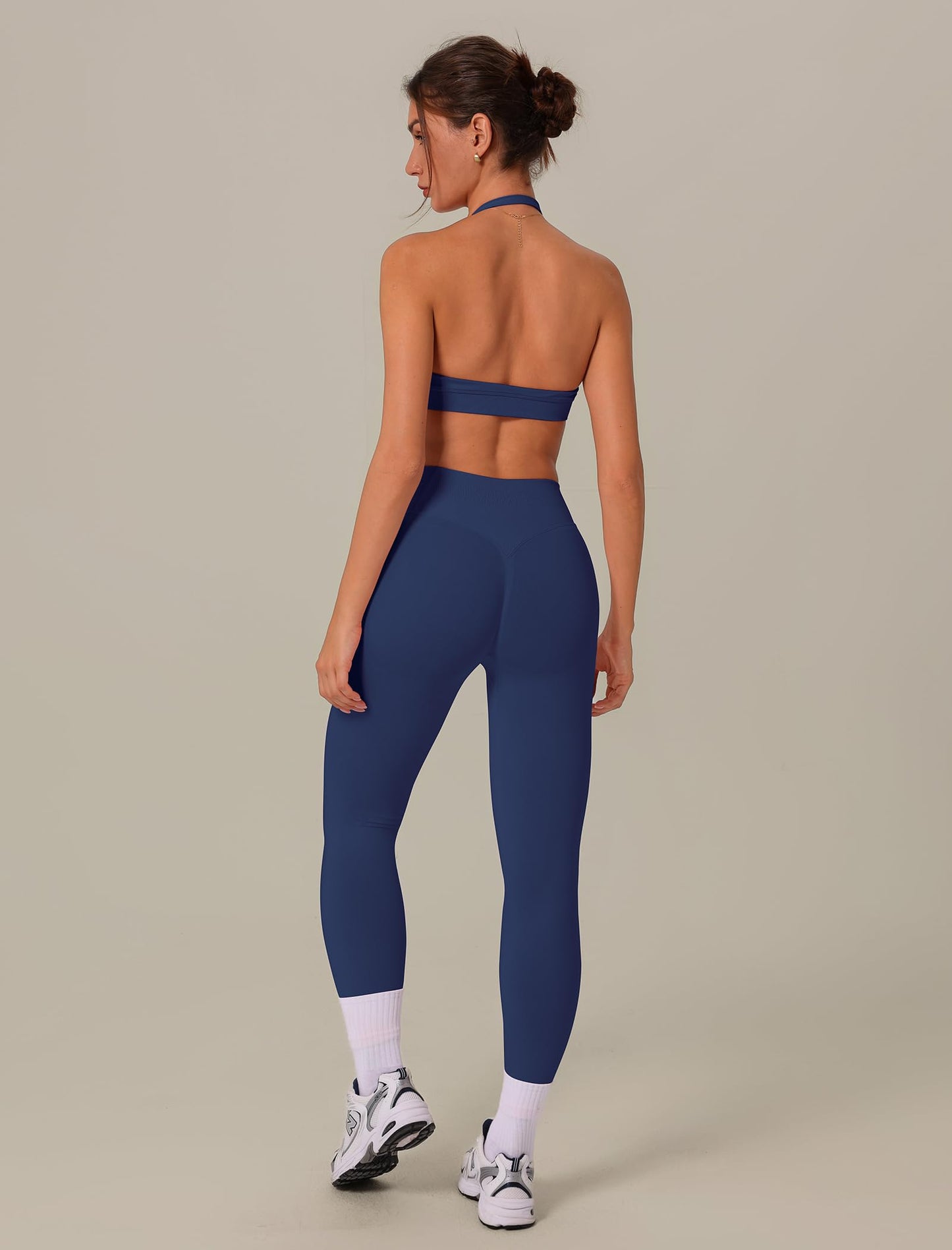 3 Piece Workout Sets for Women Seamless Halter Sports Bra High Waist Leggings Long Sleeve Shrug Gym Yoga Outfits