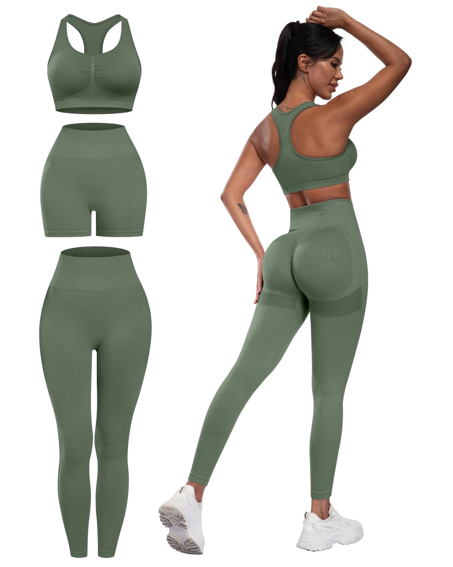 3 Piece Workout Sets for Women Butt Lifting Leggings with High Impact Sports Bra Gym Shorts