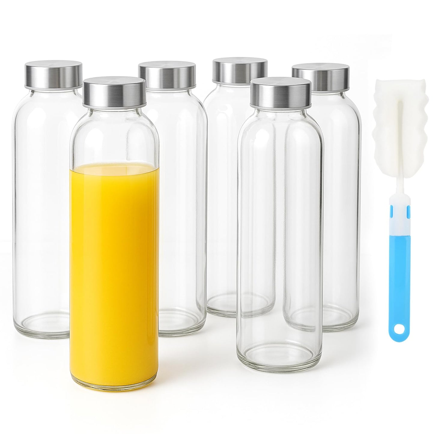 Sursip [10 Pack] 18 oz Glass Water Bottles with Lids, Juice Bottles, Clear glass juice bottle for juicing, Eco-Friendly Reusable Glass Juicing Bottles with Stainless Steel Lid, BPA Free,Leak-Proof