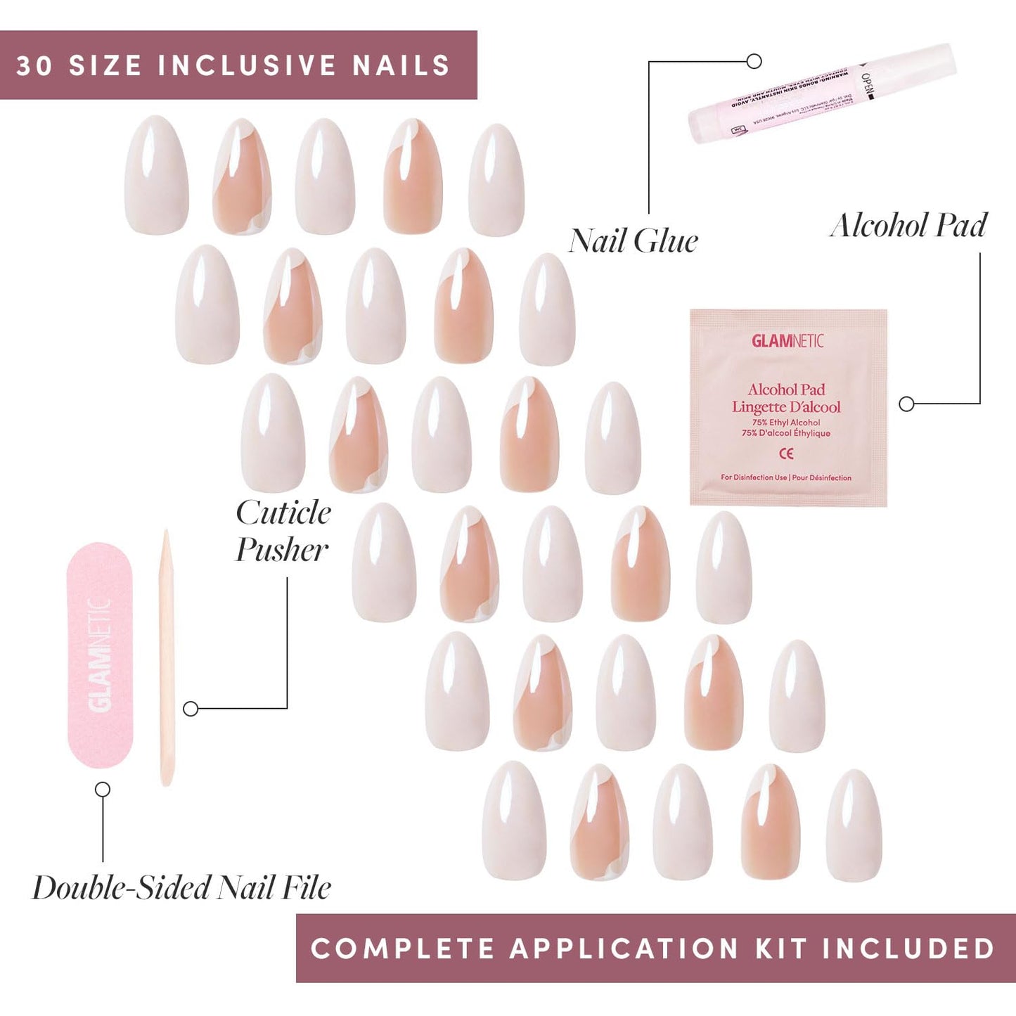 Glamnetic Press On Nails - All Time Love Spring Nails | Glossy, Semi-Transparent, Short Almond French Tip Fake Nails with Leaf Accents, Salon Quality | 15 Sizes - 30 Nail Kit with Glue
