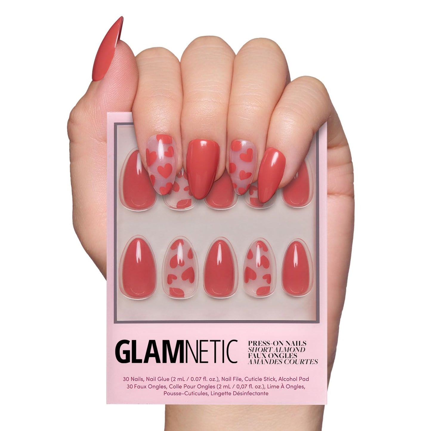 Glamnetic Press On Nails - All Time Love Spring Nails | Glossy, Semi-Transparent, Short Almond French Tip Fake Nails with Leaf Accents, Salon Quality | 15 Sizes - 30 Nail Kit with Glue