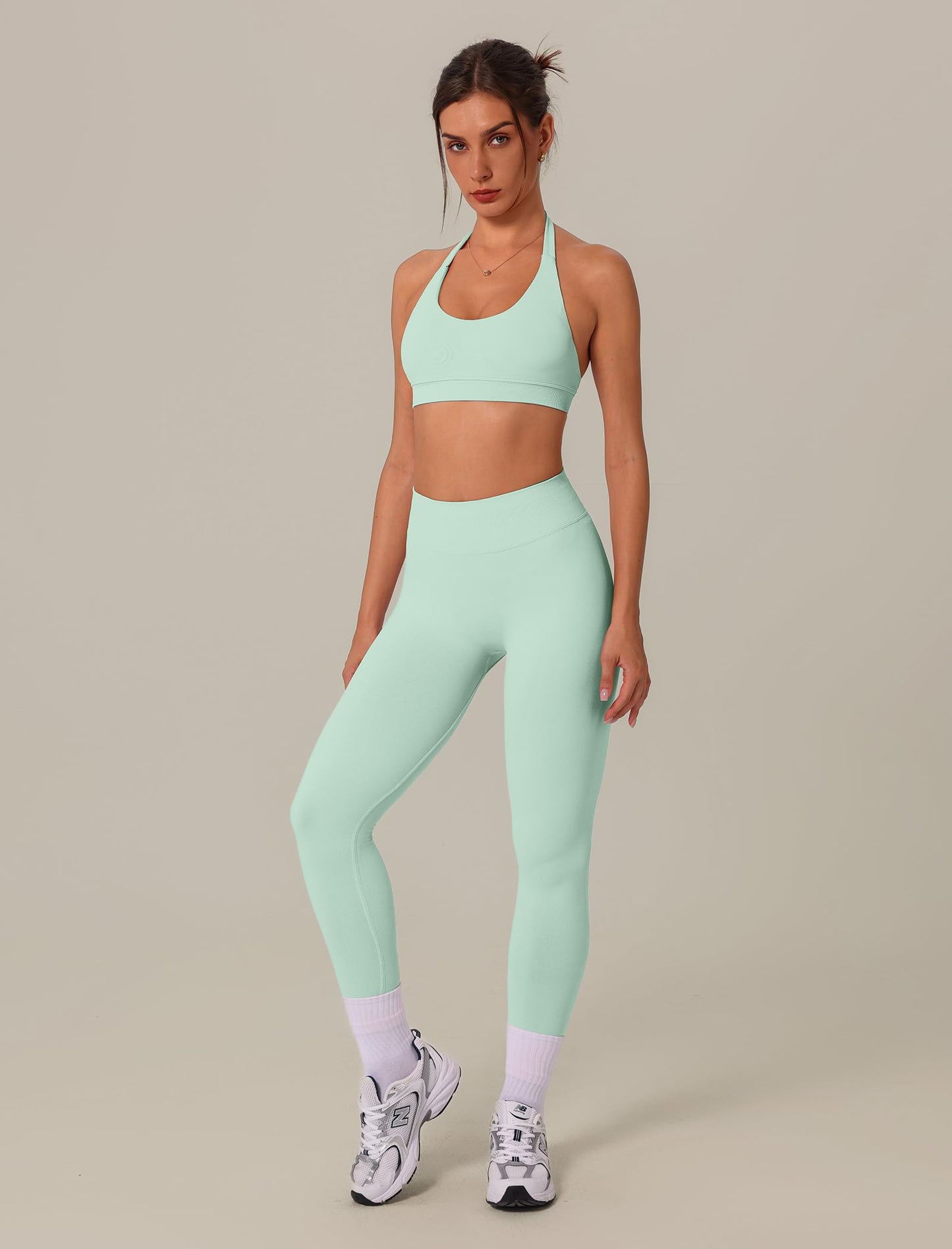 3 Piece Workout Sets for Women Seamless Halter Sports Bra High Waist Leggings Long Sleeve Shrug Gym Yoga Outfits