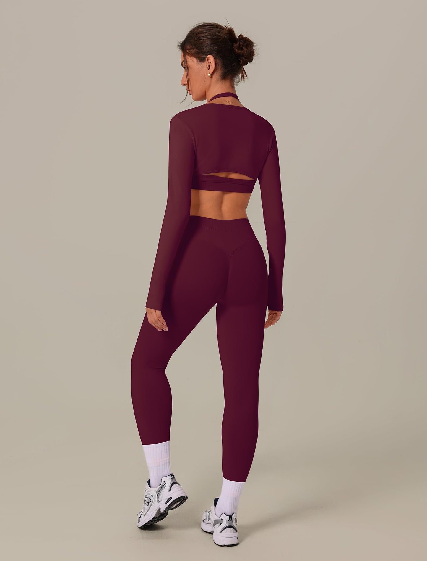3 Piece Workout Sets for Women Seamless Halter Sports Bra High Waist Leggings Long Sleeve Shrug Gym Yoga Outfits