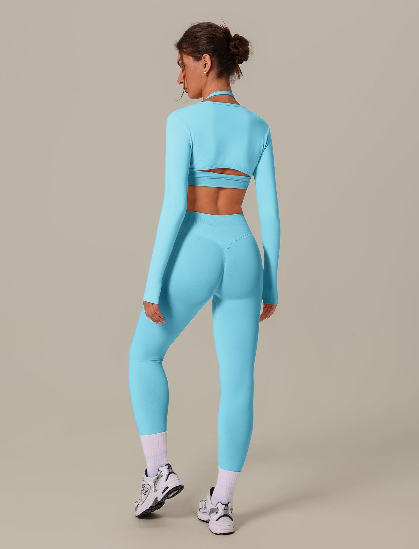 3 Piece Workout Sets for Women Seamless Halter Sports Bra High Waist Leggings Long Sleeve Shrug Gym Yoga Outfits