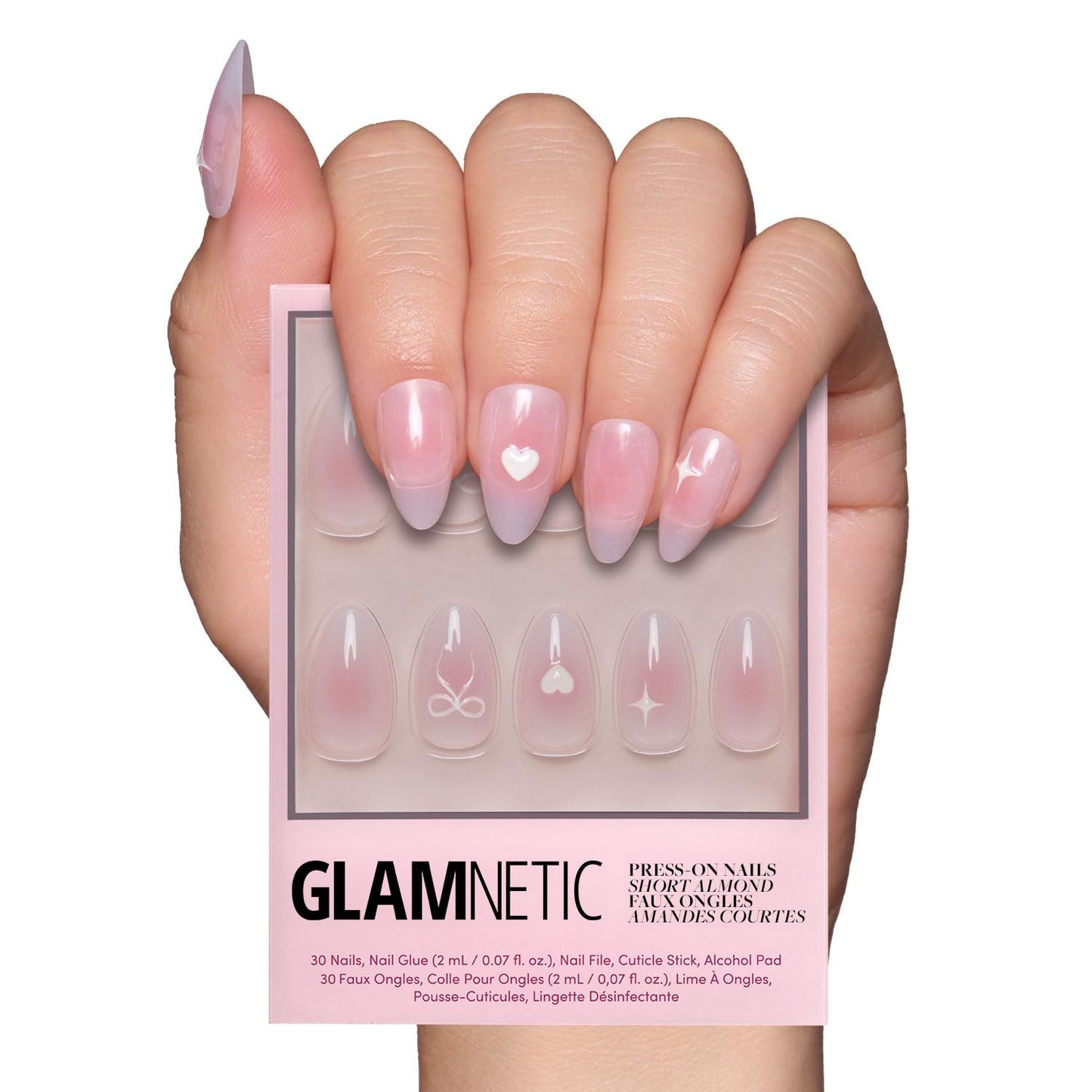 Glamnetic Press On Nails - All Time Love Spring Nails | Glossy, Semi-Transparent, Short Almond French Tip Fake Nails with Leaf Accents, Salon Quality | 15 Sizes - 30 Nail Kit with Glue