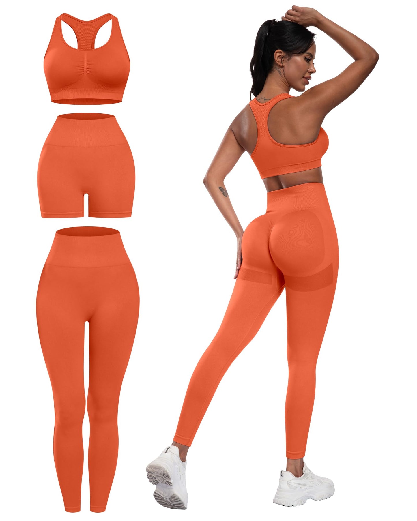 3 Piece Workout Sets for Women Butt Lifting Leggings with High Impact Sports Bra Gym Shorts