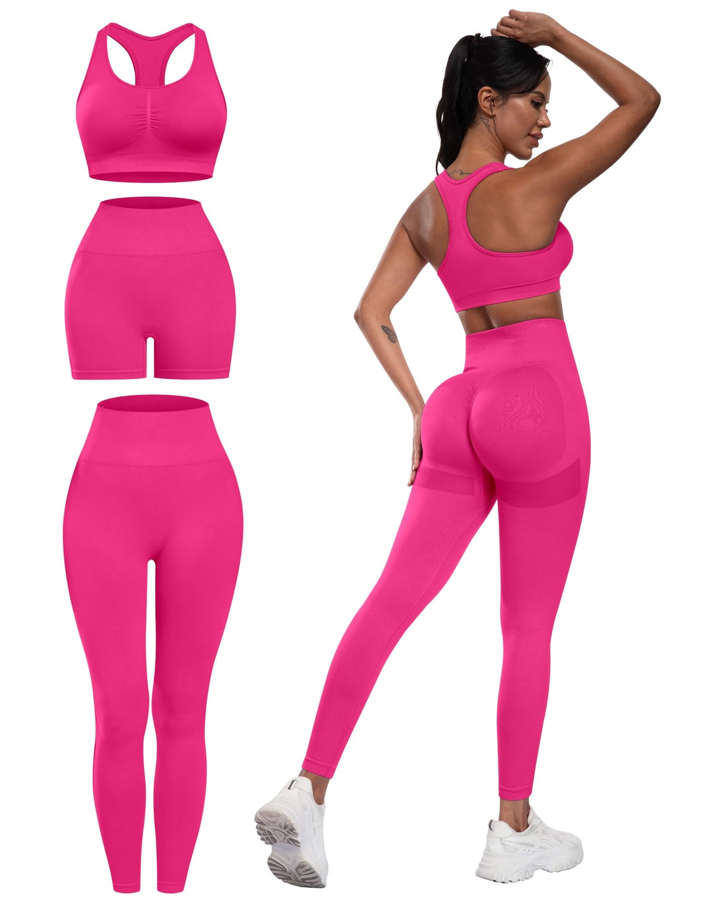 3 Piece Workout Sets for Women Butt Lifting Leggings with High Impact Sports Bra Gym Shorts