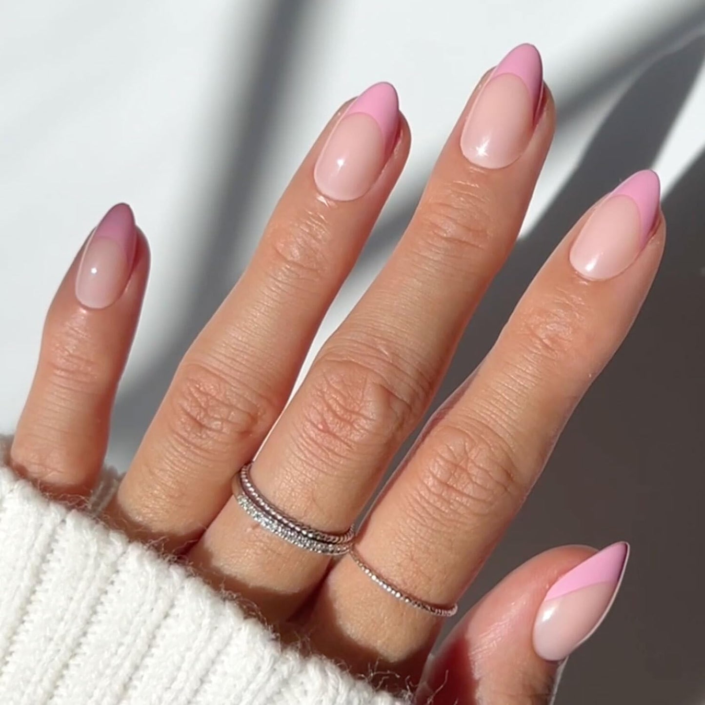 Glamnetic Press On Nails - All Time Love Spring Nails | Glossy, Semi-Transparent, Short Almond French Tip Fake Nails with Leaf Accents, Salon Quality | 15 Sizes - 30 Nail Kit with Glue
