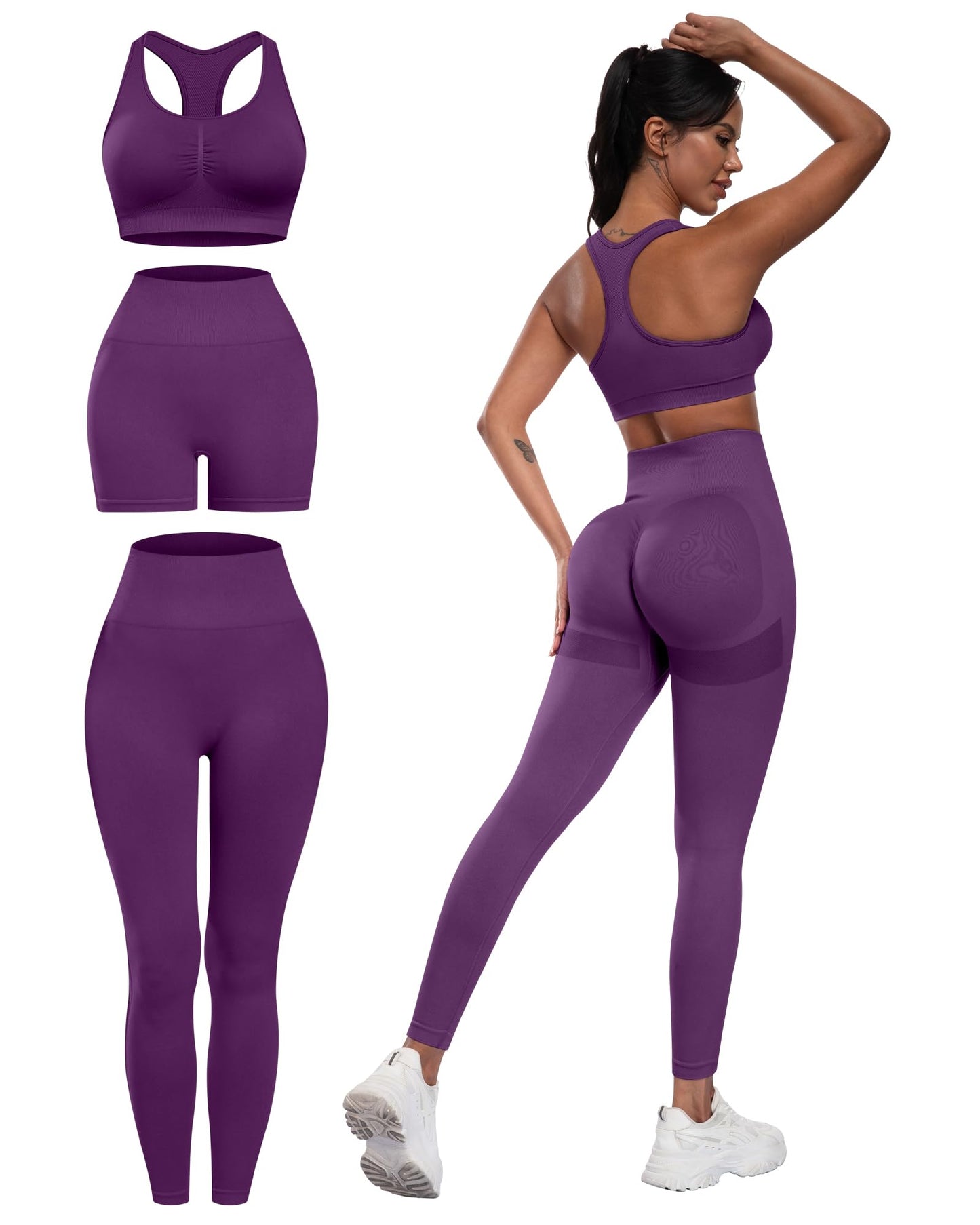 3 Piece Workout Sets for Women Butt Lifting Leggings with High Impact Sports Bra Gym Shorts