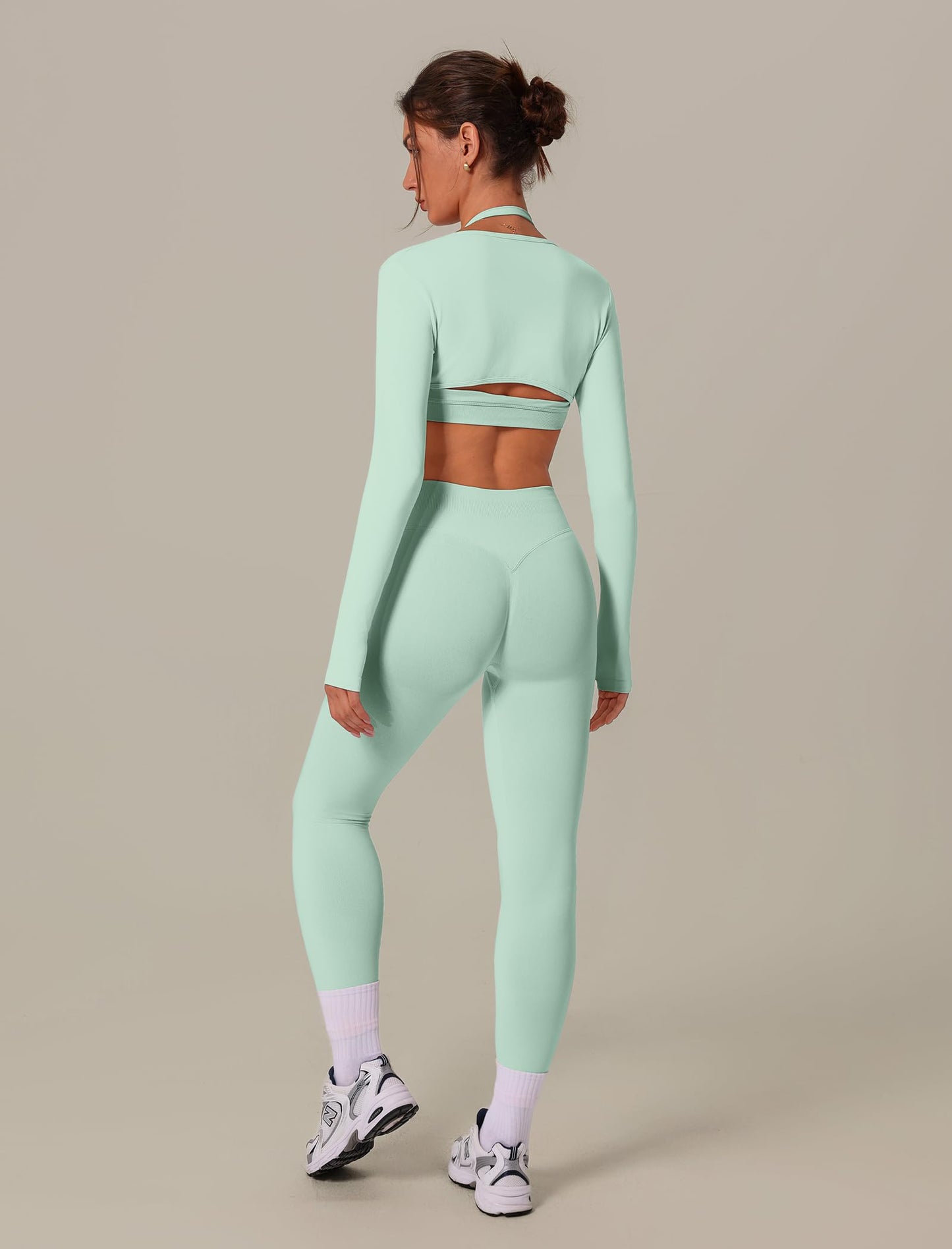 3 Piece Workout Sets for Women Seamless Halter Sports Bra High Waist Leggings Long Sleeve Shrug Gym Yoga Outfits