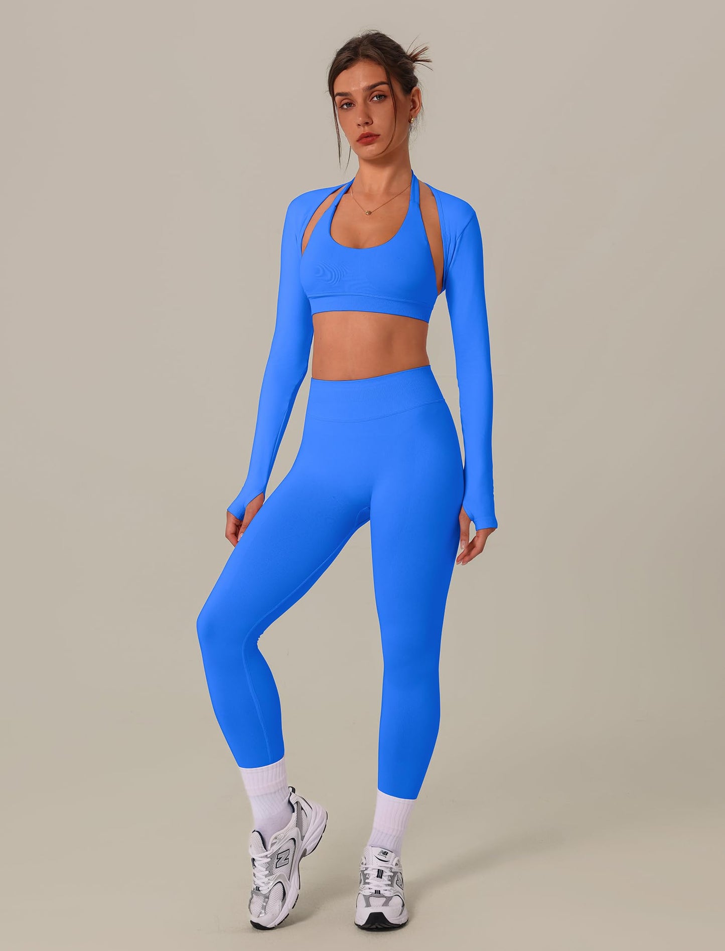 3 Piece Workout Sets for Women Seamless Halter Sports Bra High Waist Leggings Long Sleeve Shrug Gym Yoga Outfits