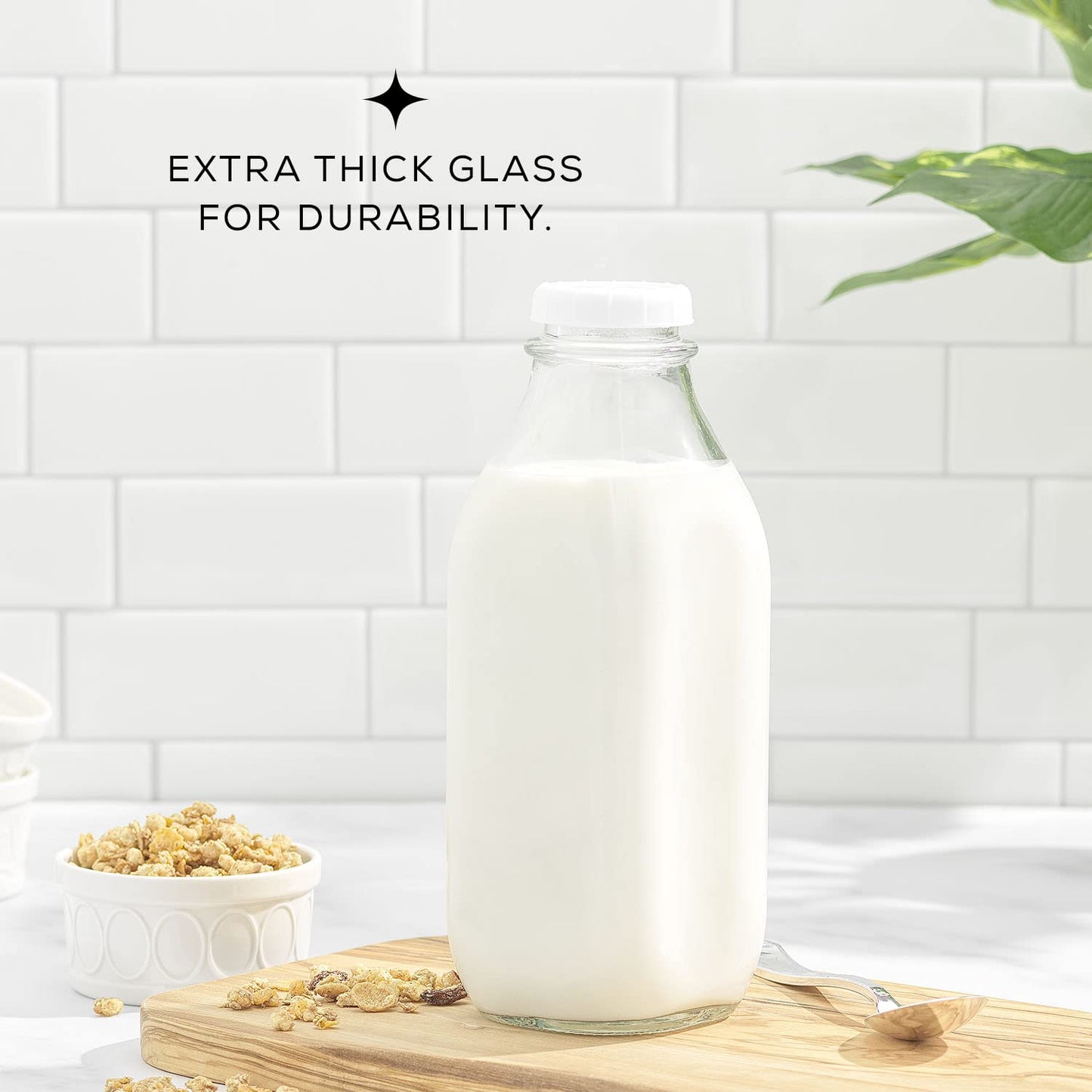JoyJolt Glass Milk Bottles with Lids and Pourer – 64 Oz, 3 Pack Airtight Heavy Duty Reusable Glass Bottles, Leakproof, BPA-Free, Food Grade, Dishwasher Safe Jug, Pitcher for Milk, Juice, and Water