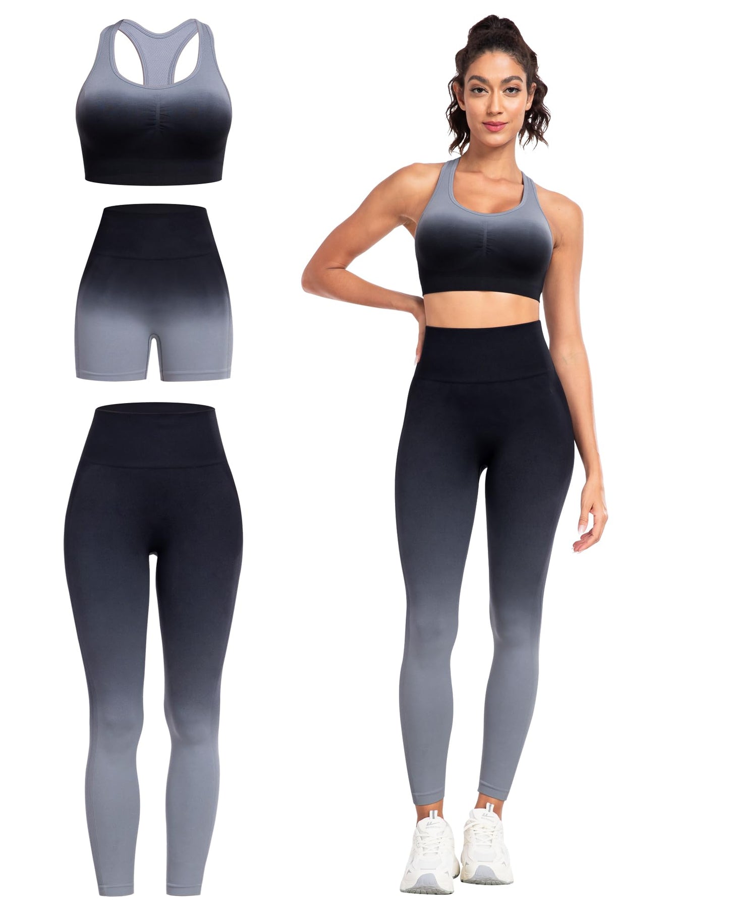 3 Piece Workout Sets for Women Butt Lifting Leggings with High Impact Sports Bra Gym Shorts