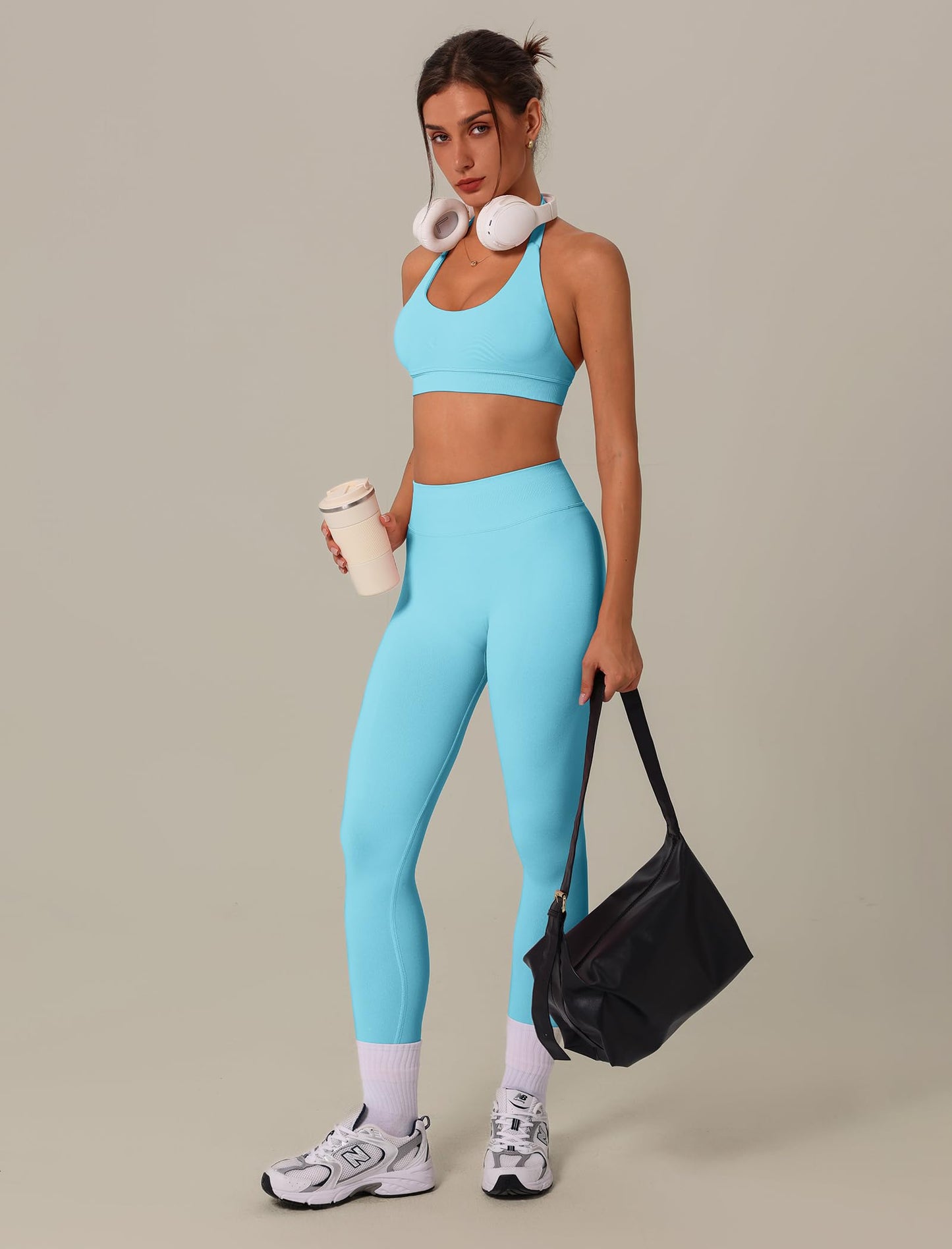 3 Piece Workout Sets for Women Seamless Halter Sports Bra High Waist Leggings Long Sleeve Shrug Gym Yoga Outfits