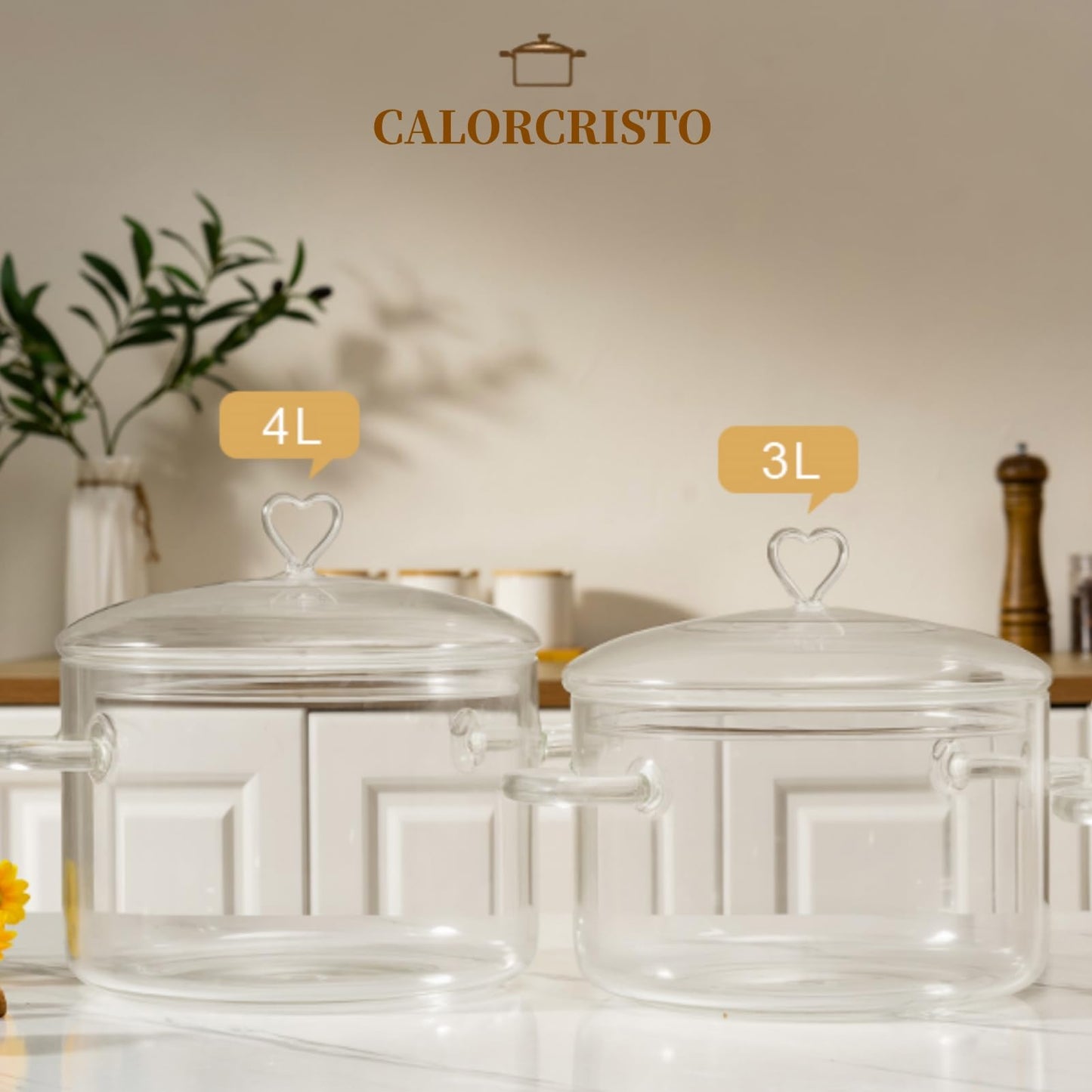 3 L Glass Cooking Pot with Lid, Save Energy, Heat Resistant | 3.2QT(3000ml) Glass Simmer Pot, Heart Shape Lid, Clear, Easy to Clean, BPA Free.