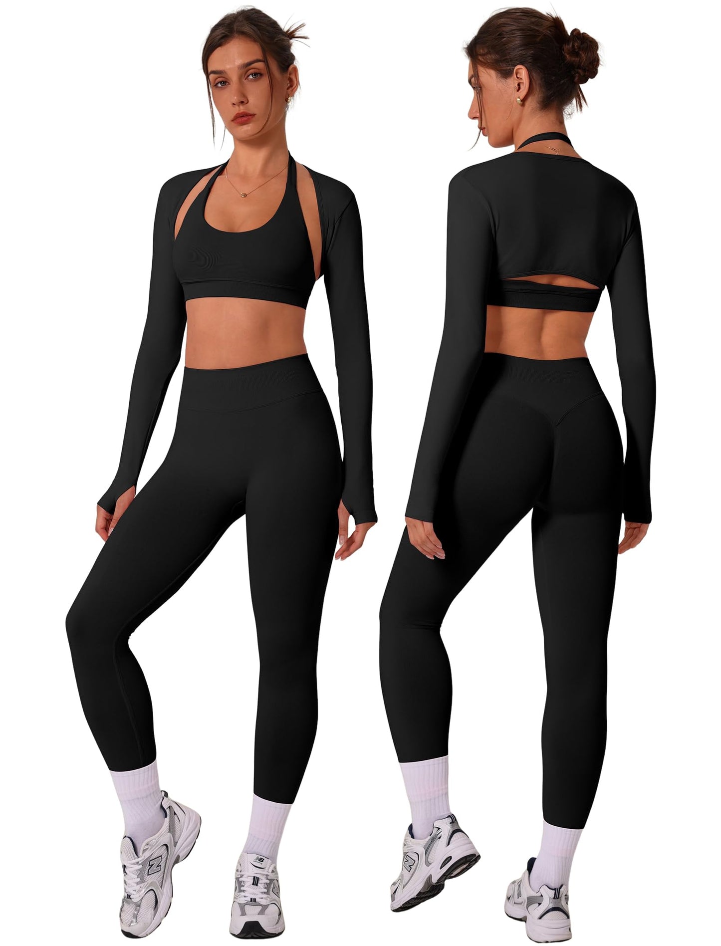 3 Piece Workout Sets for Women Seamless Halter Sports Bra High Waist Leggings Long Sleeve Shrug Gym Yoga Outfits