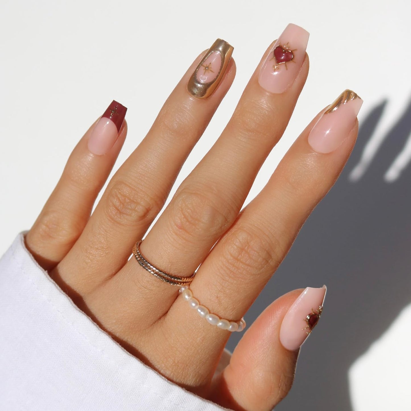 Glamnetic Press On Nails - All Time Love Spring Nails | Glossy, Semi-Transparent, Short Almond French Tip Fake Nails with Leaf Accents, Salon Quality | 15 Sizes - 30 Nail Kit with Glue