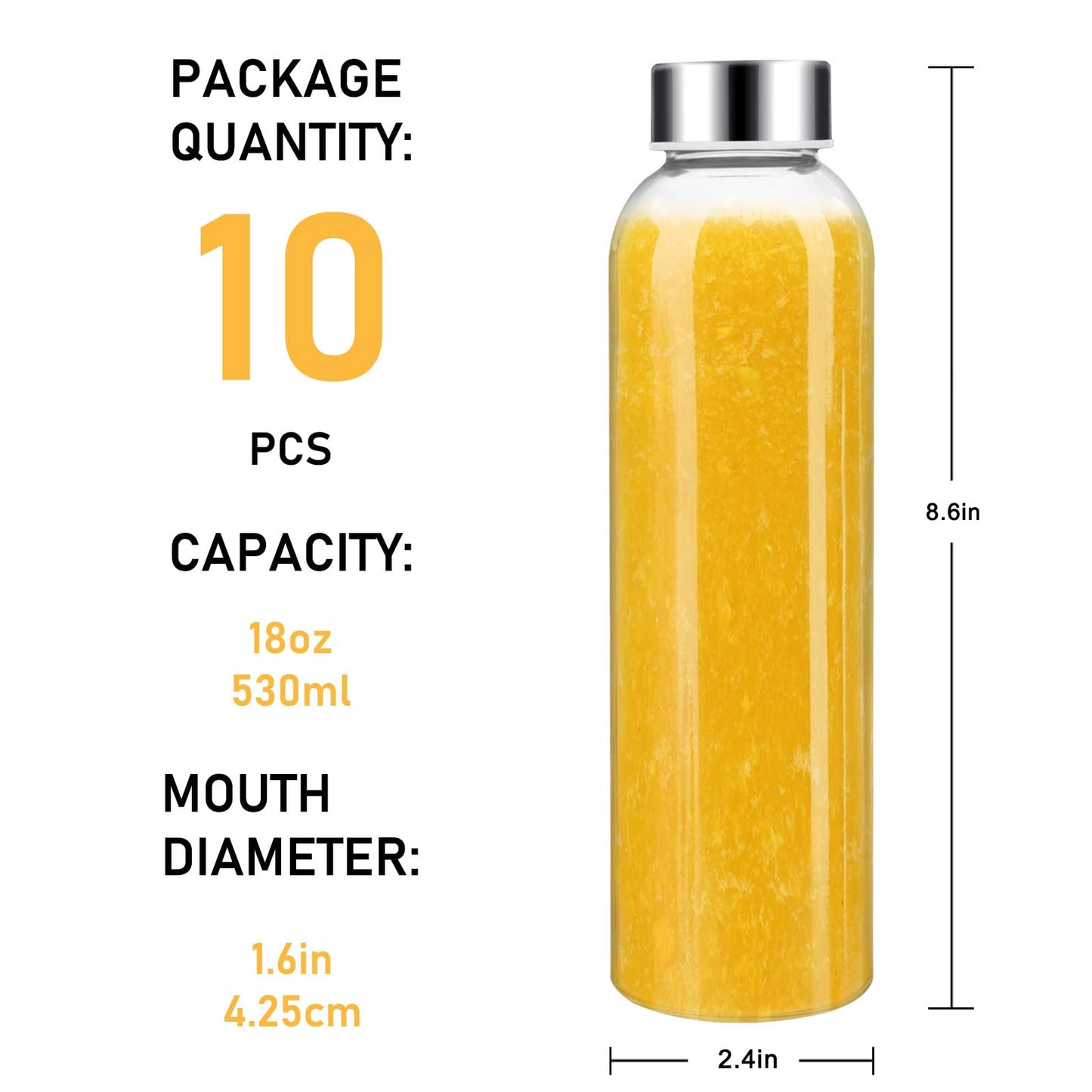 Sursip [10 Pack] 18 oz Glass Water Bottles with Lids, Juice Bottles, Clear glass juice bottle for juicing, Eco-Friendly Reusable Glass Juicing Bottles with Stainless Steel Lid, BPA Free,Leak-Proof