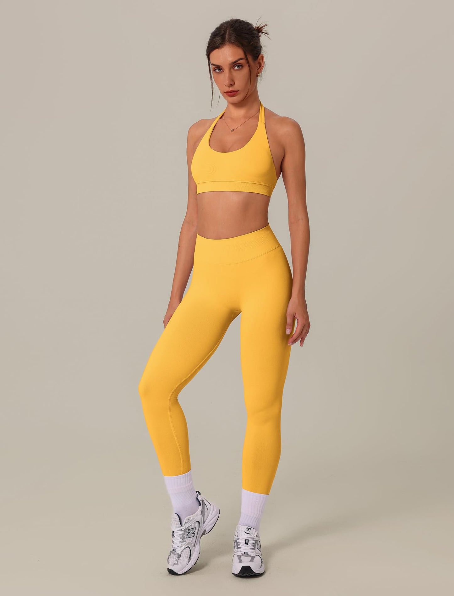 3 Piece Workout Sets for Women Seamless Halter Sports Bra High Waist Leggings Long Sleeve Shrug Gym Yoga Outfits