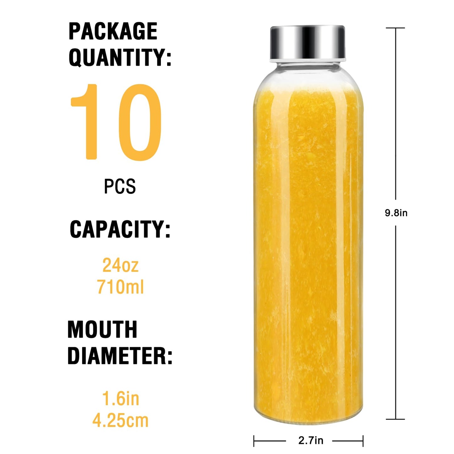 Sursip [10 Pack] 18 oz Glass Water Bottles with Lids, Juice Bottles, Clear glass juice bottle for juicing, Eco-Friendly Reusable Glass Juicing Bottles with Stainless Steel Lid, BPA Free,Leak-Proof