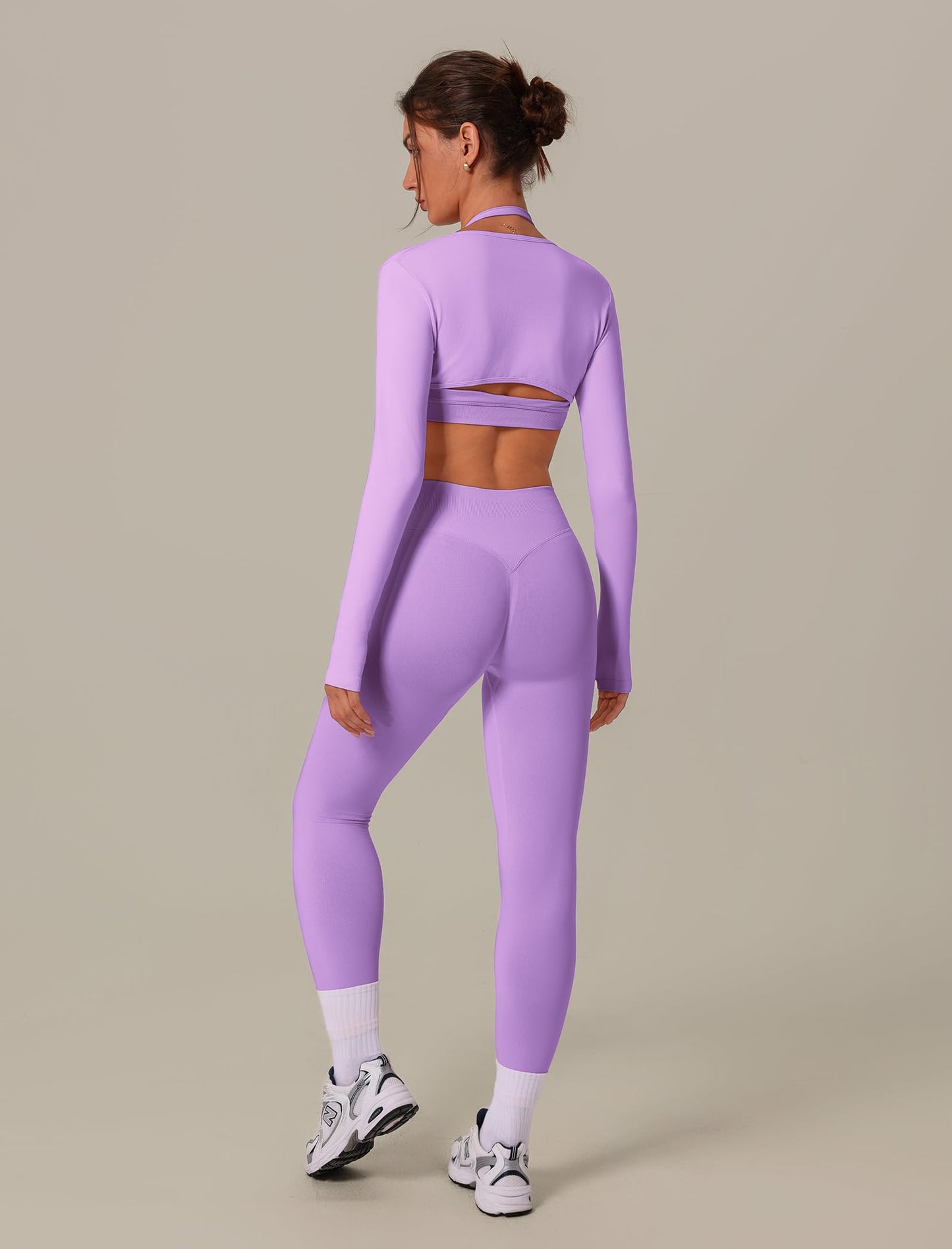 3 Piece Workout Sets for Women Seamless Halter Sports Bra High Waist Leggings Long Sleeve Shrug Gym Yoga Outfits