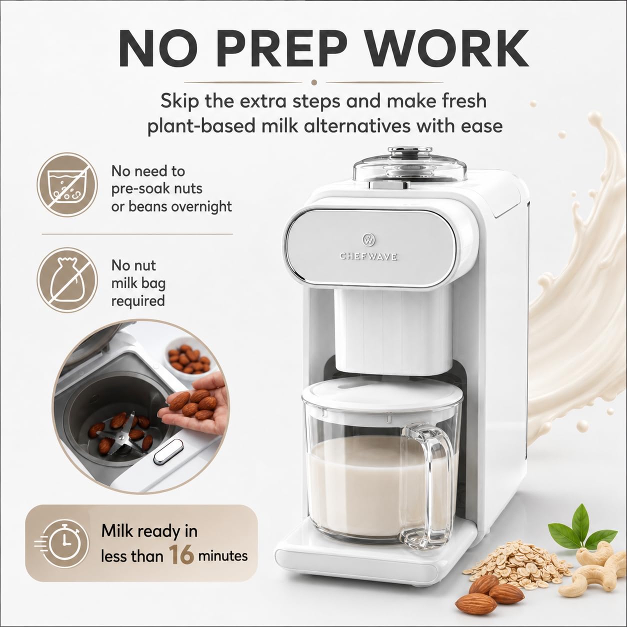 ChefWave Milkmade Plant-Based Milk Maker, 6-in-1 Nut Milk Machine for Almond, Oat, Soy, Cashew, Coconut & Macadamia — 1000W, No Soaking, Auto Self-Clean, Delay Start, Glass Pitcher Included (White)