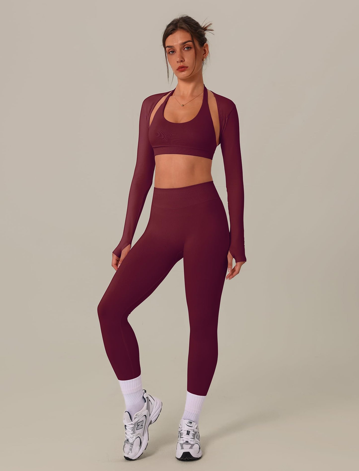 3 Piece Workout Sets for Women Seamless Halter Sports Bra High Waist Leggings Long Sleeve Shrug Gym Yoga Outfits