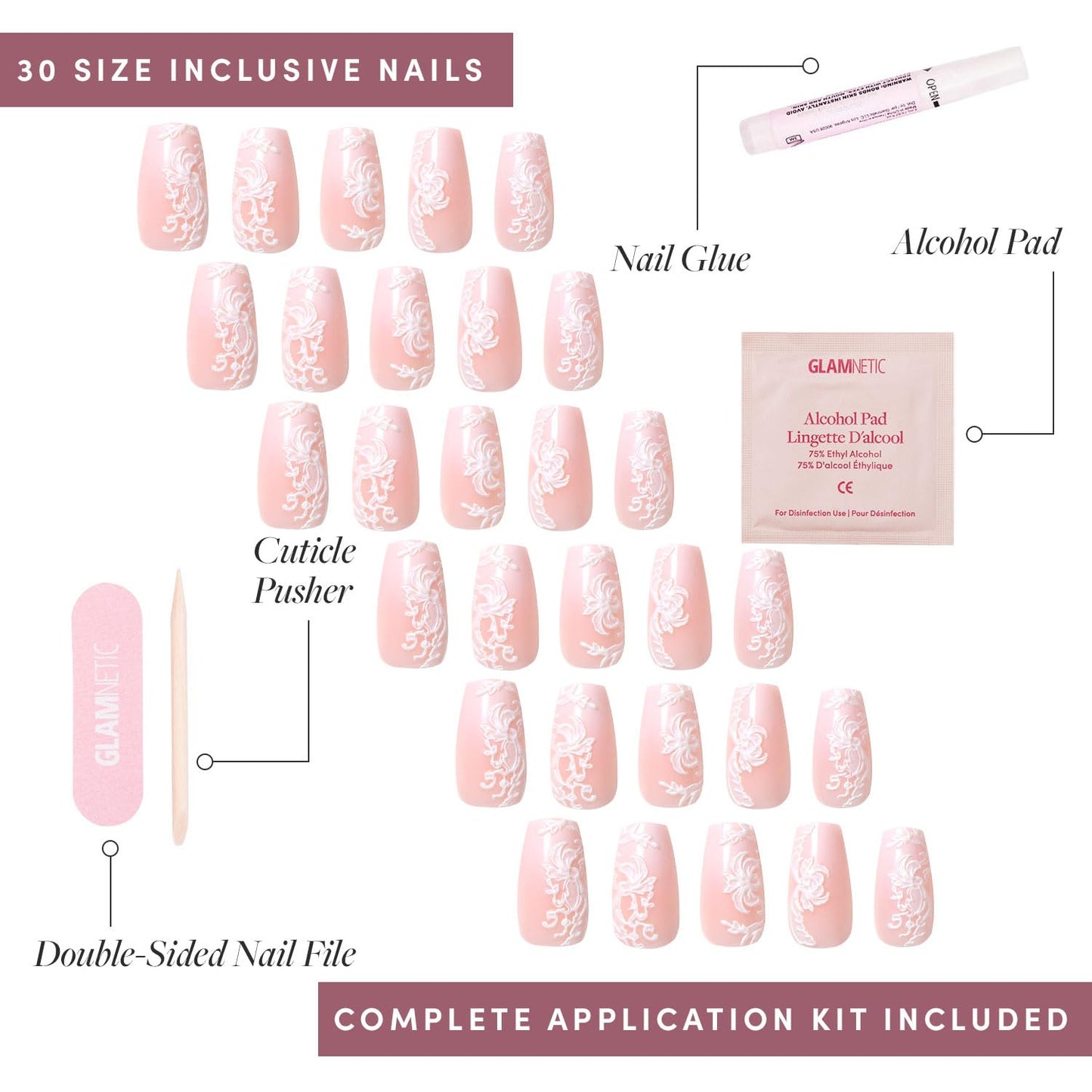 Glamnetic Press On Nails - All Time Love Spring Nails | Glossy, Semi-Transparent, Short Almond French Tip Fake Nails with Leaf Accents, Salon Quality | 15 Sizes - 30 Nail Kit with Glue