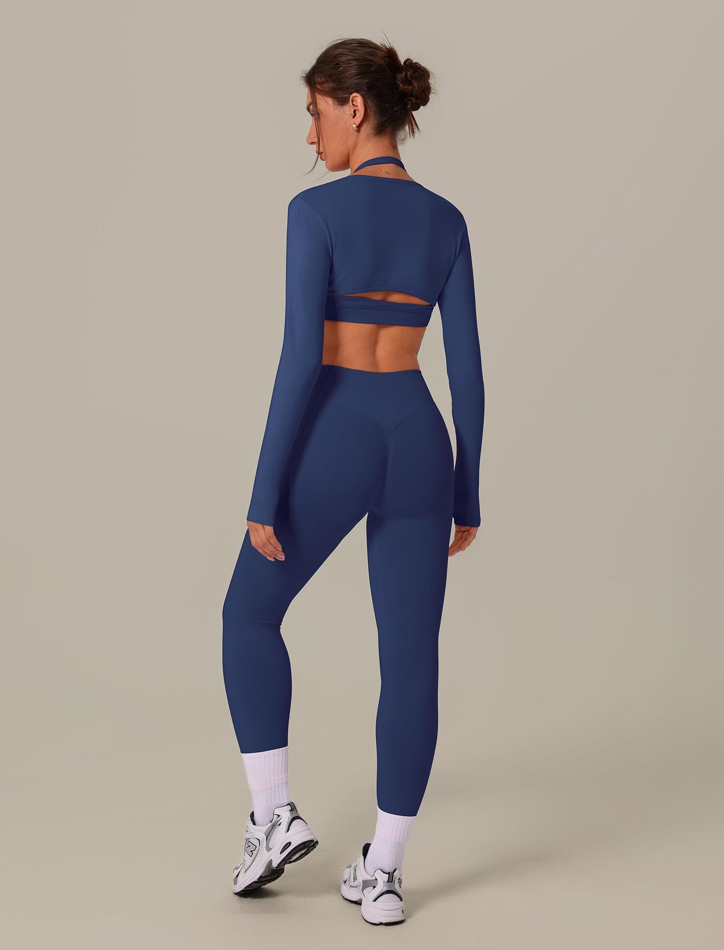 3 Piece Workout Sets for Women Seamless Halter Sports Bra High Waist Leggings Long Sleeve Shrug Gym Yoga Outfits