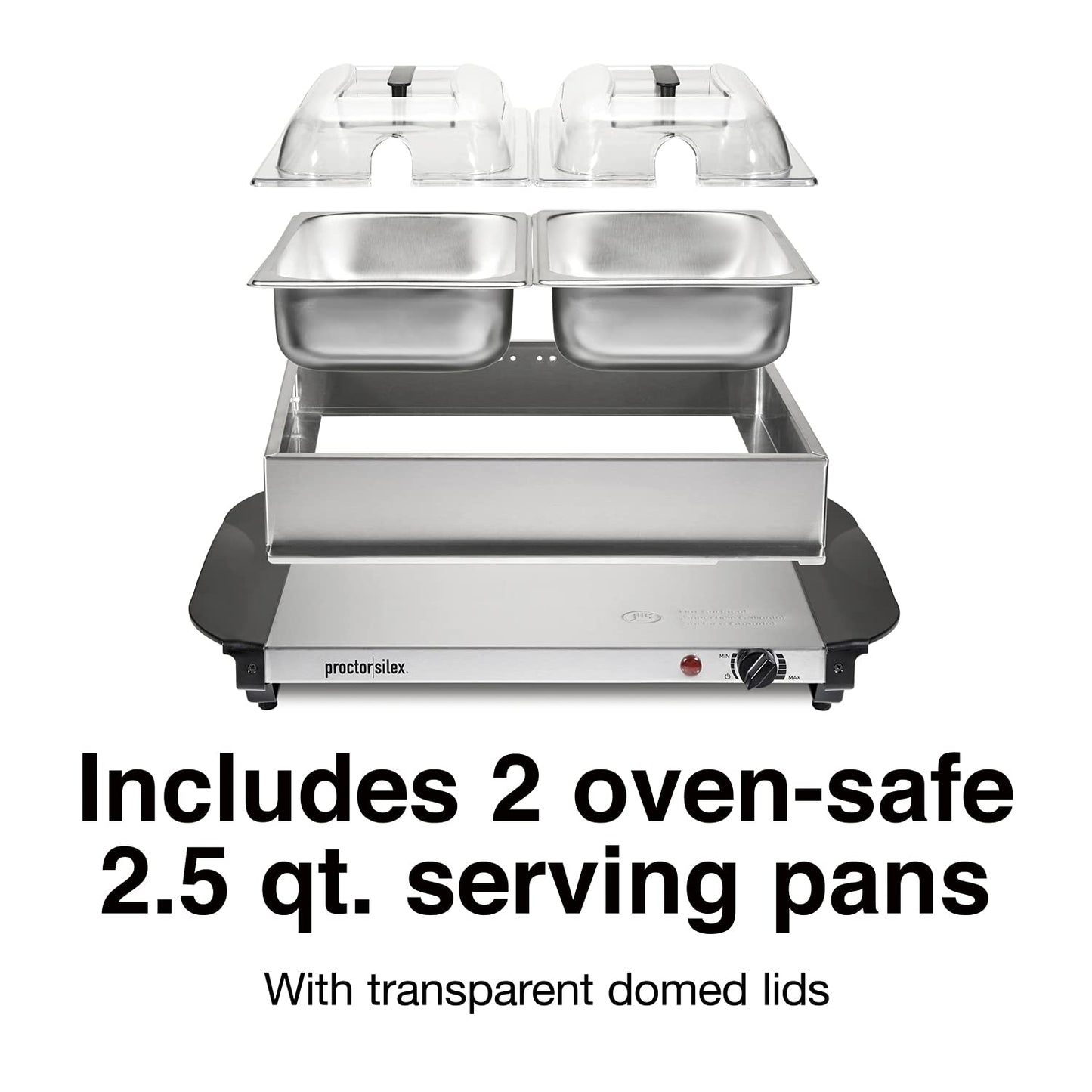 Proctor Silex Buffet Server & Food Warmer, Adjustable Heat, for Parties, Holidays and Entertaining, Three 2.5 Quart Oven-Safe Chafing Dish Set, Stainless Steel