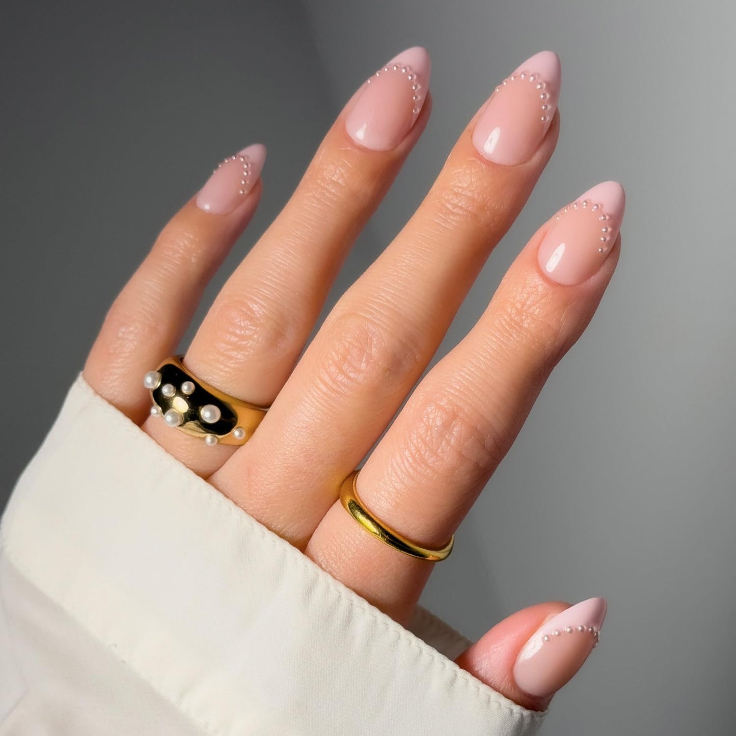 Glamnetic Press On Nails - All Time Love Spring Nails | Glossy, Semi-Transparent, Short Almond French Tip Fake Nails with Leaf Accents, Salon Quality | 15 Sizes - 30 Nail Kit with Glue