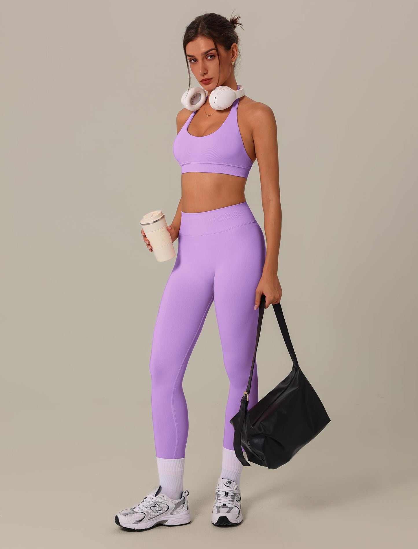 3 Piece Workout Sets for Women Seamless Halter Sports Bra High Waist Leggings Long Sleeve Shrug Gym Yoga Outfits