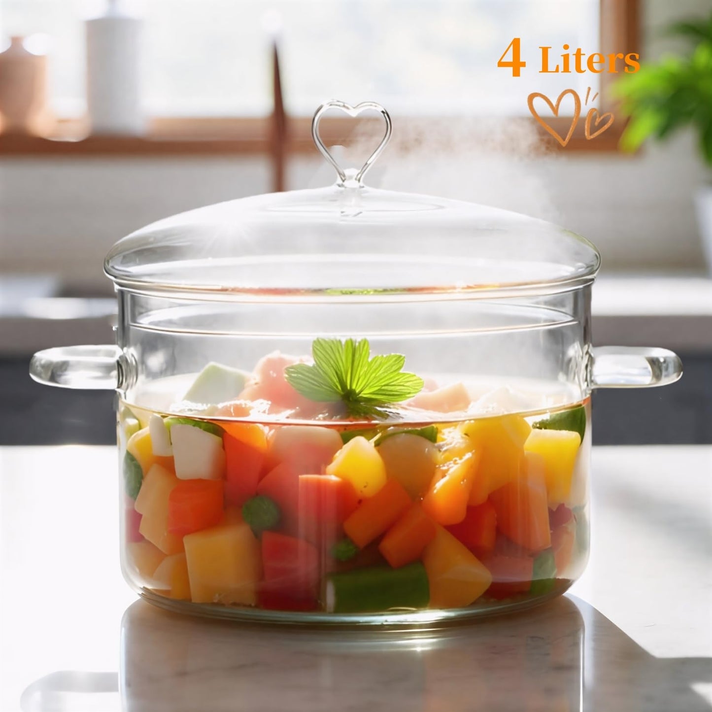 3 L Glass Cooking Pot with Lid, Save Energy, Heat Resistant | 3.2QT(3000ml) Glass Simmer Pot, Heart Shape Lid, Clear, Easy to Clean, BPA Free.