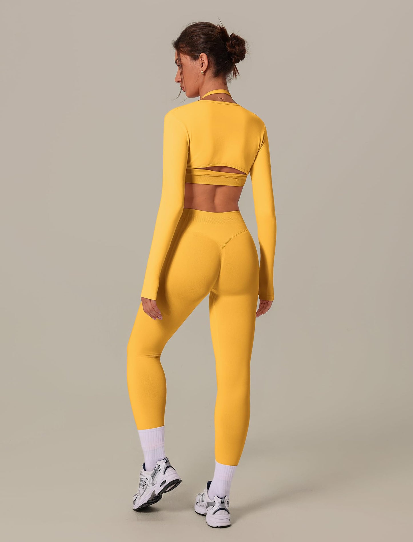 3 Piece Workout Sets for Women Seamless Halter Sports Bra High Waist Leggings Long Sleeve Shrug Gym Yoga Outfits