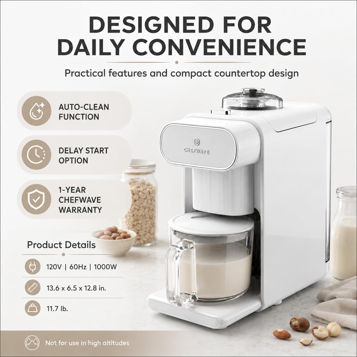 ChefWave Milkmade Plant-Based Milk Maker, 6-in-1 Nut Milk Machine for Almond, Oat, Soy, Cashew, Coconut & Macadamia — 1000W, No Soaking, Auto Self-Clean, Delay Start, Glass Pitcher Included (White)