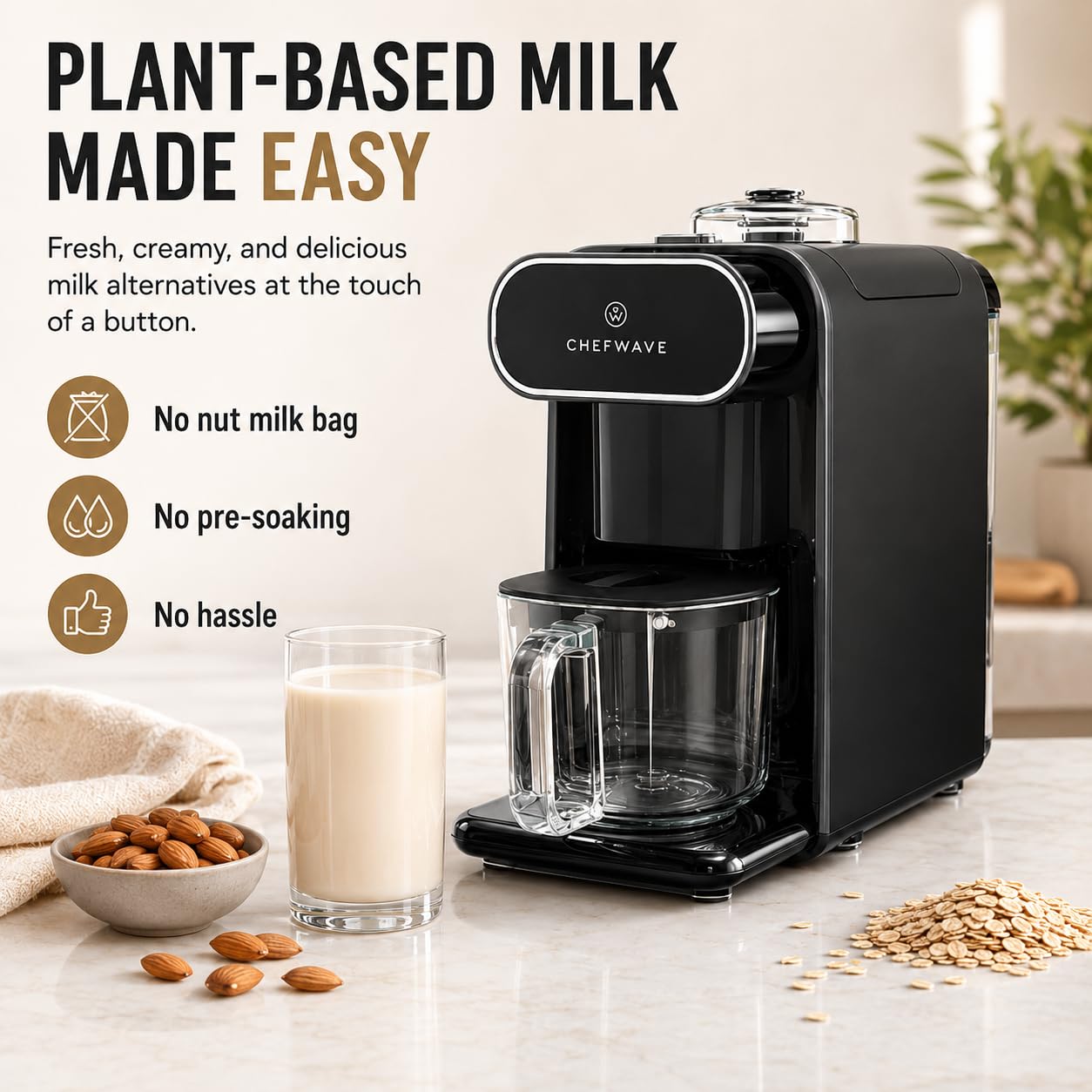 ChefWave Milkmade Plant-Based Milk Maker, 6-in-1 Nut Milk Machine for Almond, Oat, Soy, Cashew, Coconut & Macadamia — 1000W, No Soaking, Auto Self-Clean, Delay Start, Glass Pitcher Included (White)