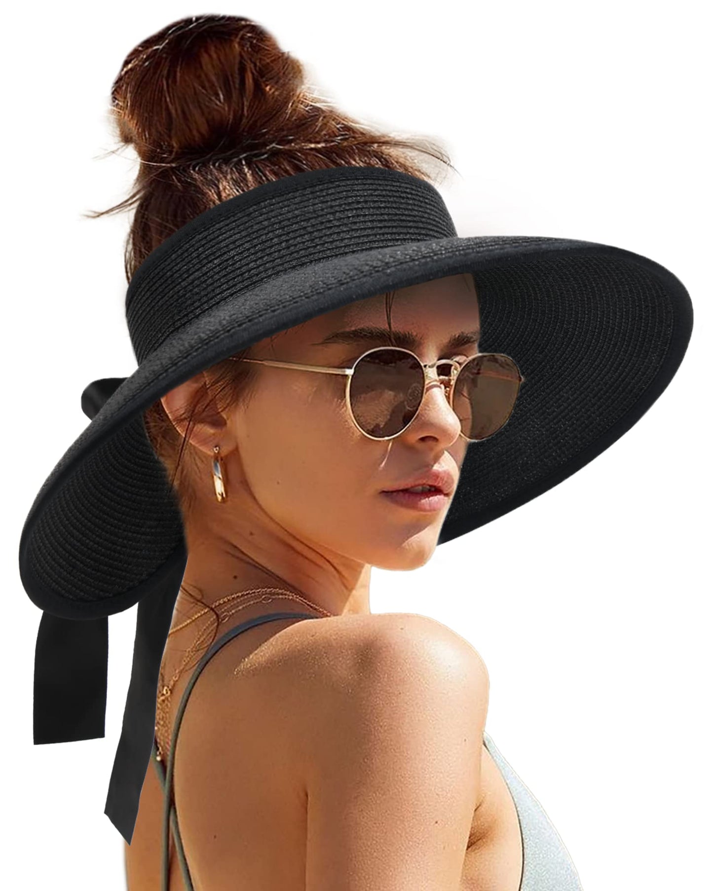 Camptrace Sun Visors for Women Wide Brim Beach Hat Foldable Straw Visor Hat Ponytail Summer Packable UPF 50+