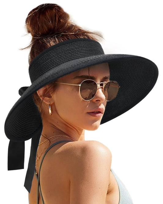 Camptrace Sun Visors for Women Wide Brim Beach Hat Foldable Straw Visor Hat Ponytail Summer Packable UPF 50+