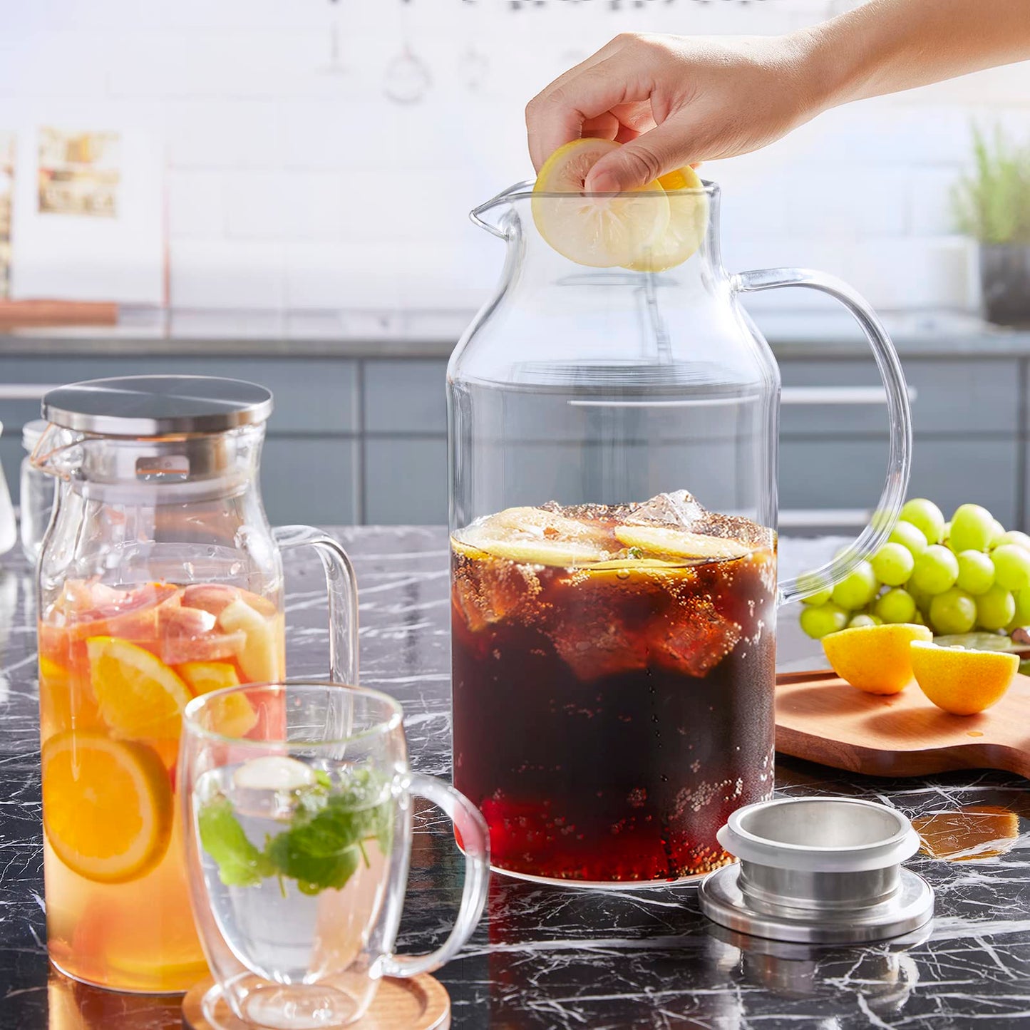 Bivvclaz 2 Liter 68 oz Gold Glass Pitcher with Lid and Handle, Glass Carafe for Hot/Cold Water, Large Iced Tea Pitcher for Coffee, Juice and Homemade Beverage