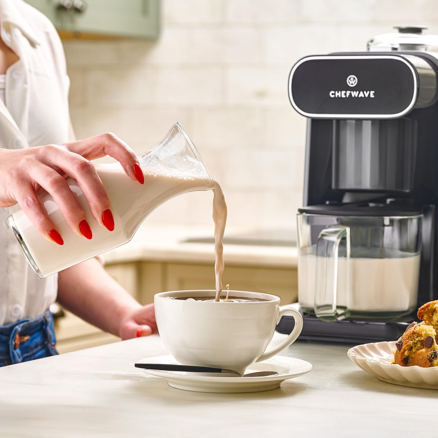 ChefWave Milkmade Plant-Based Milk Maker, 6-in-1 Nut Milk Machine for Almond, Oat, Soy, Cashew, Coconut & Macadamia — 1000W, No Soaking, Auto Self-Clean, Delay Start, Glass Pitcher Included (White)