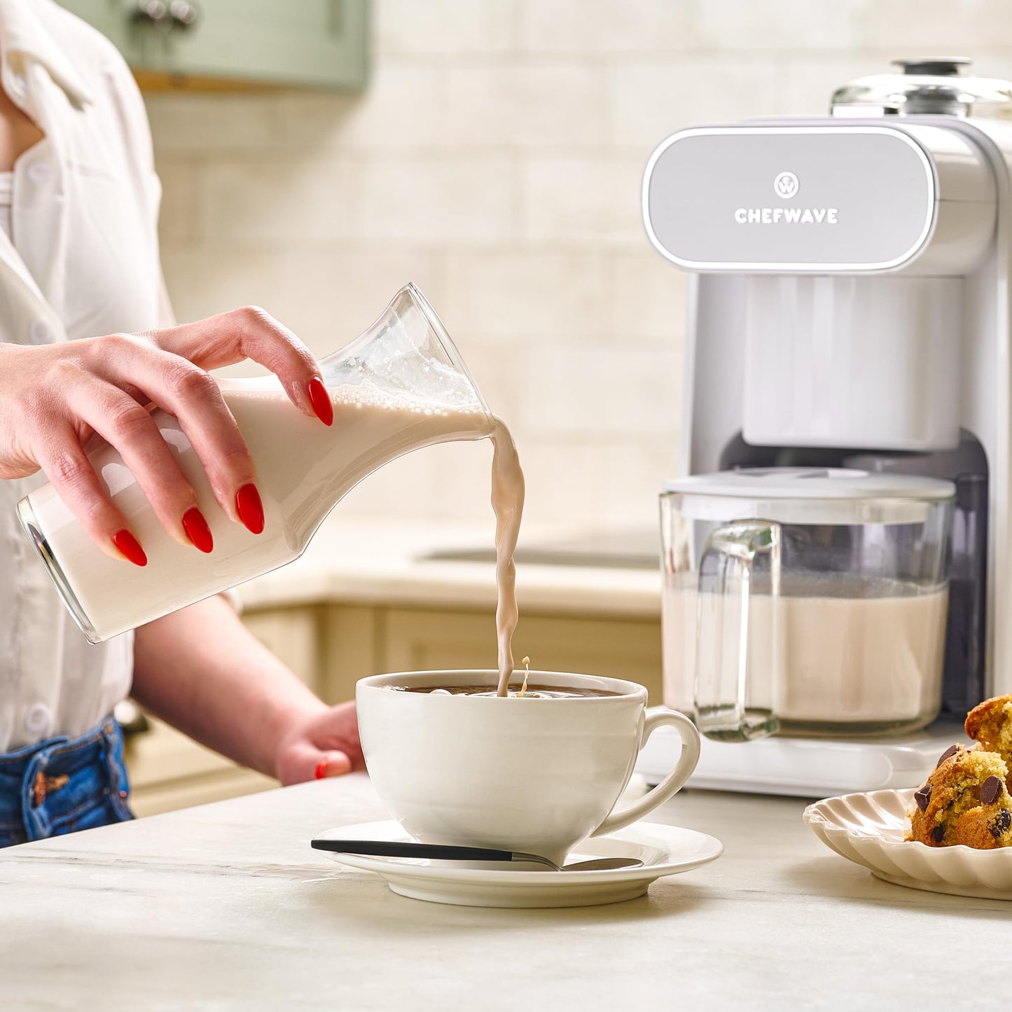 ChefWave Milkmade Plant-Based Milk Maker, 6-in-1 Nut Milk Machine for Almond, Oat, Soy, Cashew, Coconut & Macadamia — 1000W, No Soaking, Auto Self-Clean, Delay Start, Glass Pitcher Included (White)