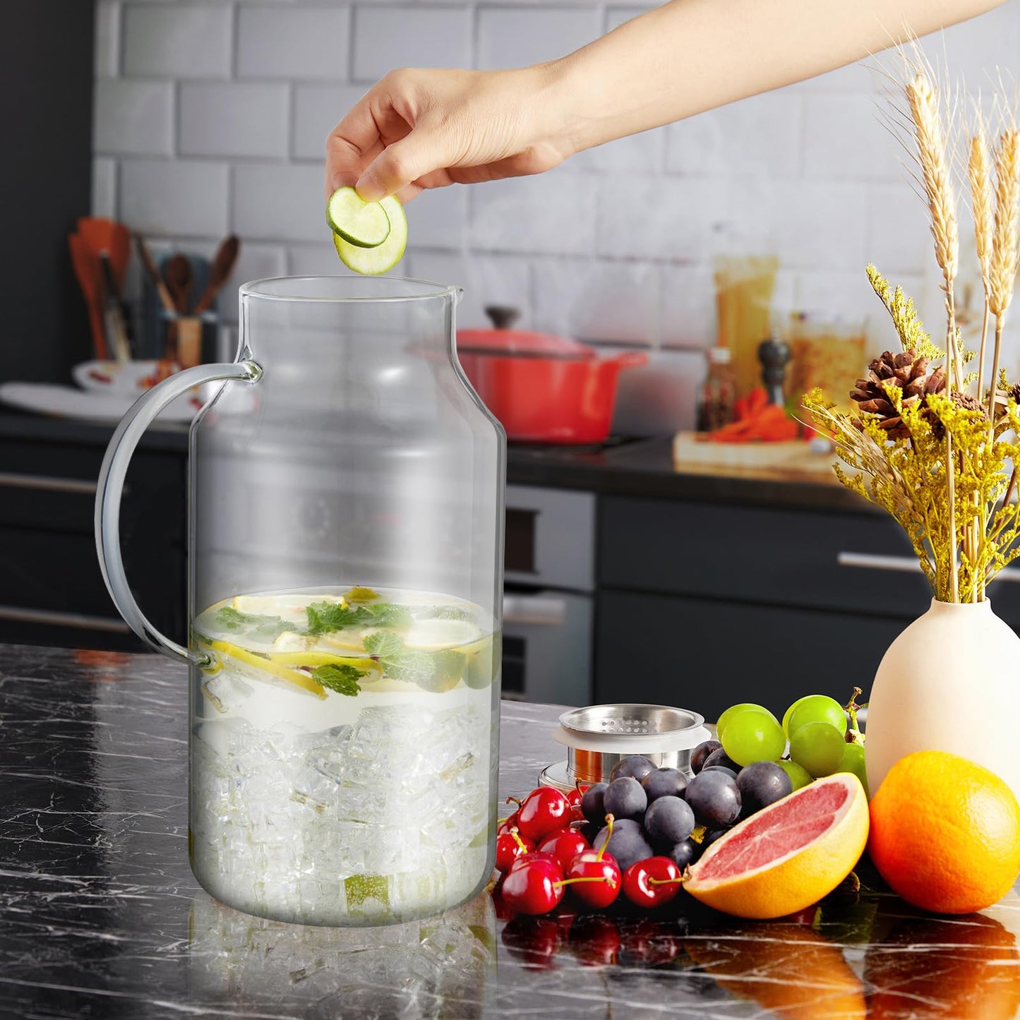 Bivvclaz 2 Liter 68 oz Gold Glass Pitcher with Lid and Handle, Glass Carafe for Hot/Cold Water, Large Iced Tea Pitcher for Coffee, Juice and Homemade Beverage